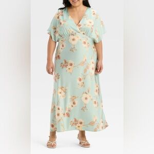 Women’s Satin Flutter Short Sleeve Maxi A-Line Dress Mint Floral 1X